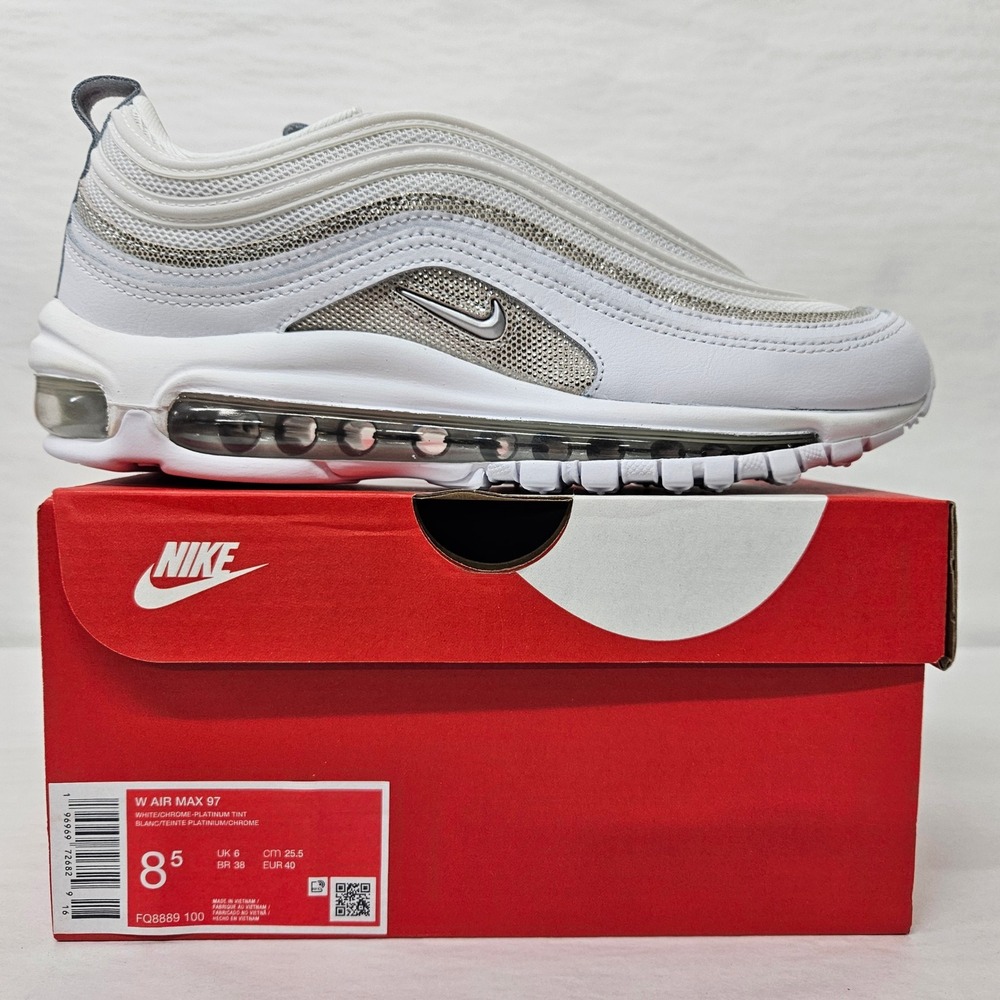 Nike Air Max 97 Sneakers FQ8889-100 White Chrome Platinum Tint Women's Size 8.5